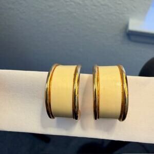 Orena Vintage Clip-On Gold Tone Cream Enamel Polished‎ Half-Hoop Earrings 1970s